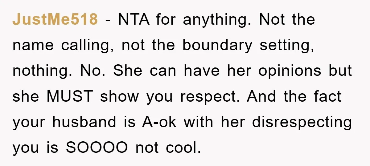 JustMe518 − NTA for anything. Not the name calling, not the boundary setting, nothing. No. She can have her opinions but she MUST show you respect. And the fact your...