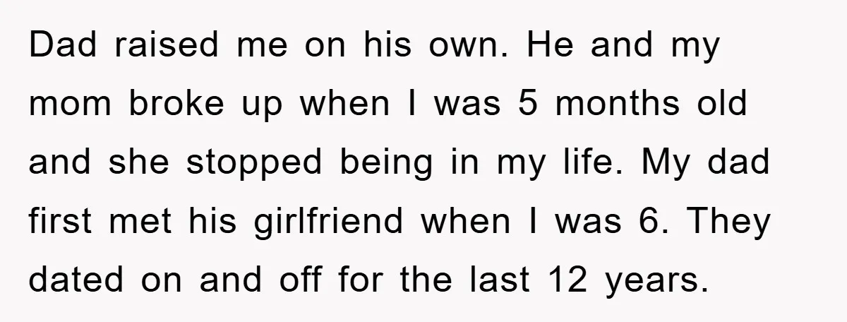 Dad raised me on his own. He and my mom broke up when I was 5 months old and she stopped being in my life. My dad first met his...