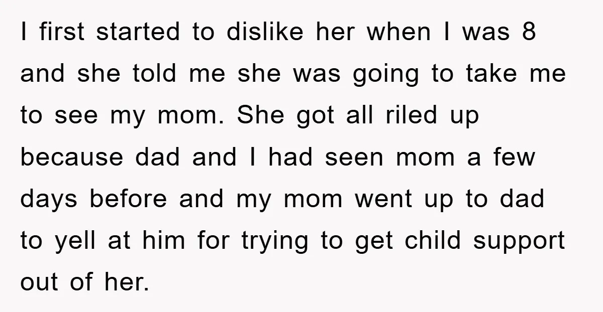 I first started to dislike her when I was 8 and she told me she was going to take me to see my mom. She got all riled up because...