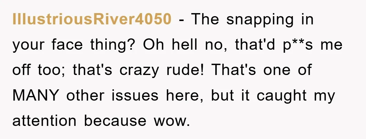 IllustriousRiver4050 − The snapping in your face thing? Oh hell no, that'd p**s me off too; that's crazy rude! That's one of MANY other issues here, but it caught my...