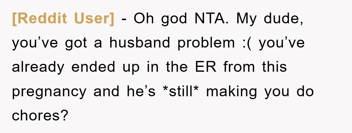 [Reddit User] − Oh god NTA. My dude, you’ve got a husband problem :( you’ve already ended up in the ER from this pregnancy and he’s *still* making you do...