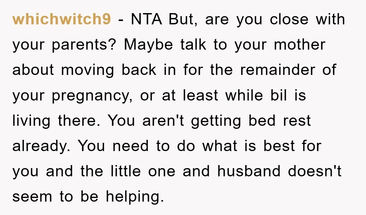 whichwitch9 − NTA But, are you close with your parents? Maybe talk to your mother about moving back in for the remainder of your pregnancy, or at least while bil...