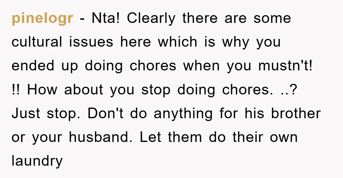 pinelogr − Nta! Clearly there are some cultural issues here which is why you ended up doing chores when you mustn't! !! How about you stop doing chores. ..? Just...