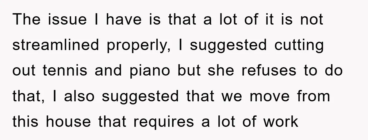 The issue I have is that a lot of it is not streamlined properly, I suggested cutting out tennis and piano but she refuses to do that, I also suggested...