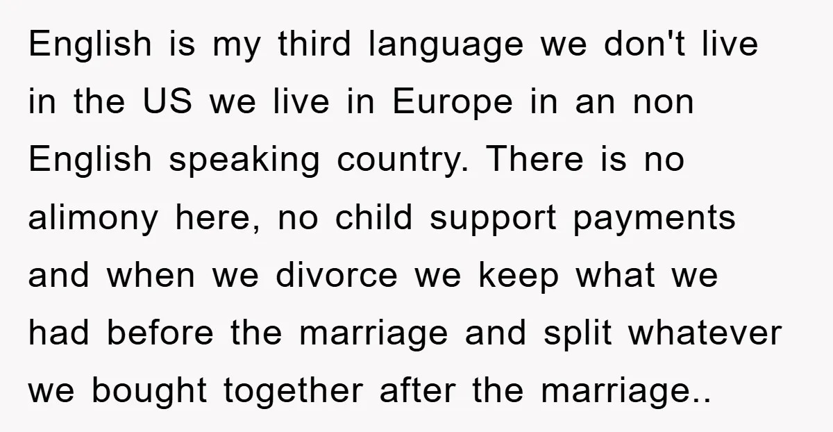 English is my third language we don't live in the US we live in Europe in an non English speaking country. There is no alimony here, no child support payments...