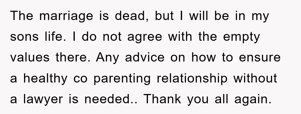 The marriage is dead, but I will be in my sons life. I do not agree with the empty values there. Any advice on how to ensure a healthy co...