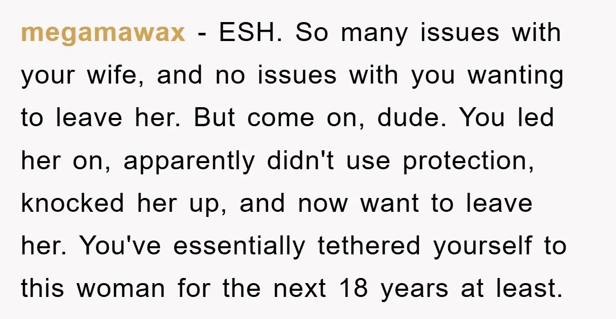 megamawax − ESH. So many issues with your wife, and no issues with you wanting to leave her. But come on, dude. You led her on, apparently didn't use protection,...