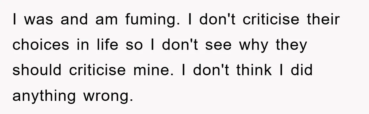 I was and am fuming. I don't criticise their choices in life so I don't see why they should criticise mine. I don't think I did anything wrong.