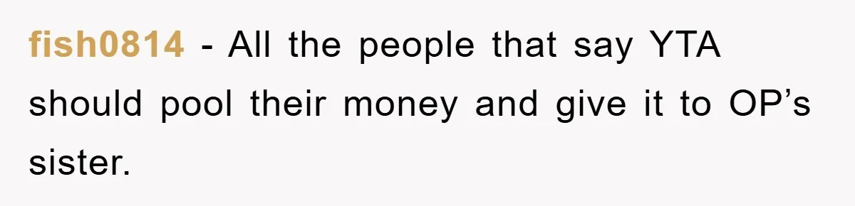 fish0814 - All the people that say YTA should pool their money and give it to OP’s sister.