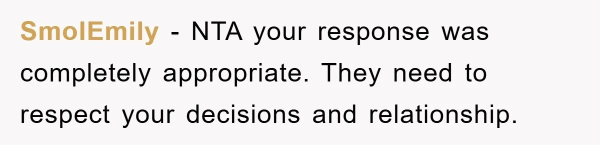 SmolEmily − NTA your response was completely appropriate. They need to respect your decisions and relationship.