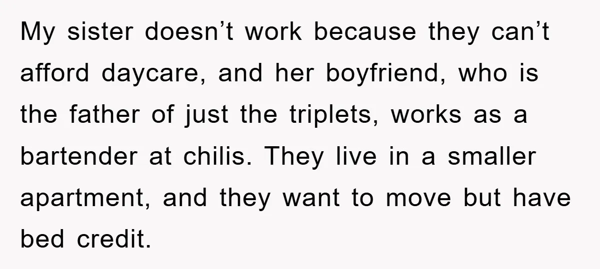 My sister doesn’t work because they can’t afford daycare, and her boyfriend, who is the father of just the triplets, works as a bartender at chilis. They live in a...