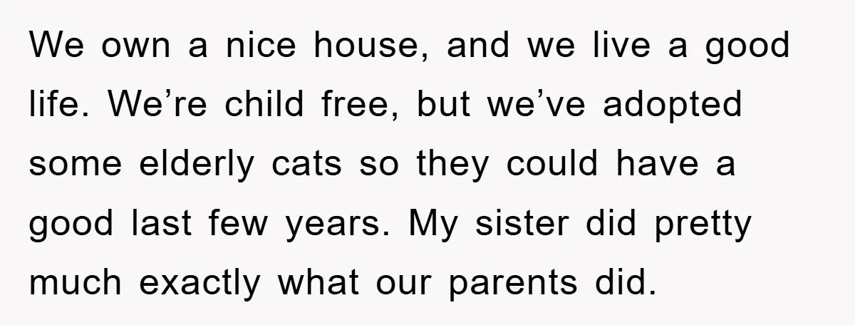 We own a nice house, and we live a good life. We’re child free, but we’ve adopted some elderly cats so they could have a good last few years. My...