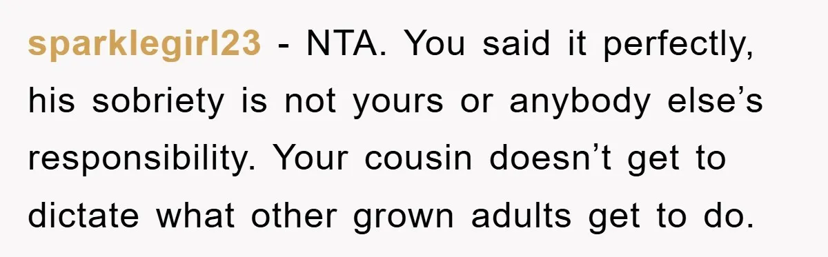 sparklegirl23 − NTA. You said it perfectly, his sobriety is not yours or anybody else’s responsibility. Your cousin doesn’t get to dictate what other grown adults get to do.
