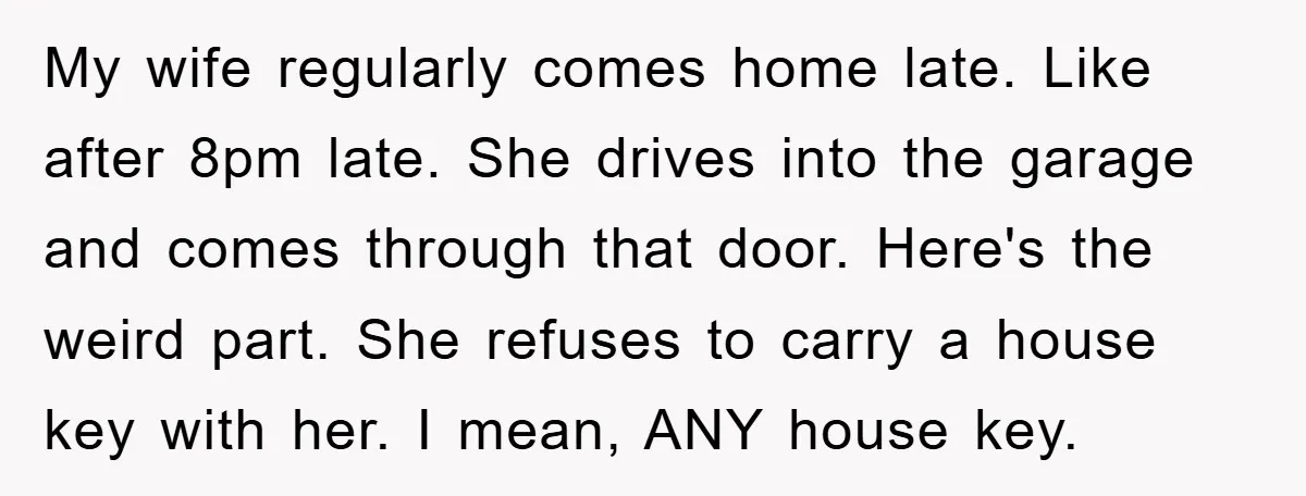 My wife regularly comes home late. Like after 8pm late. She drives into the garage and comes through that door. Here's the weird part. She refuses to carry a house...
