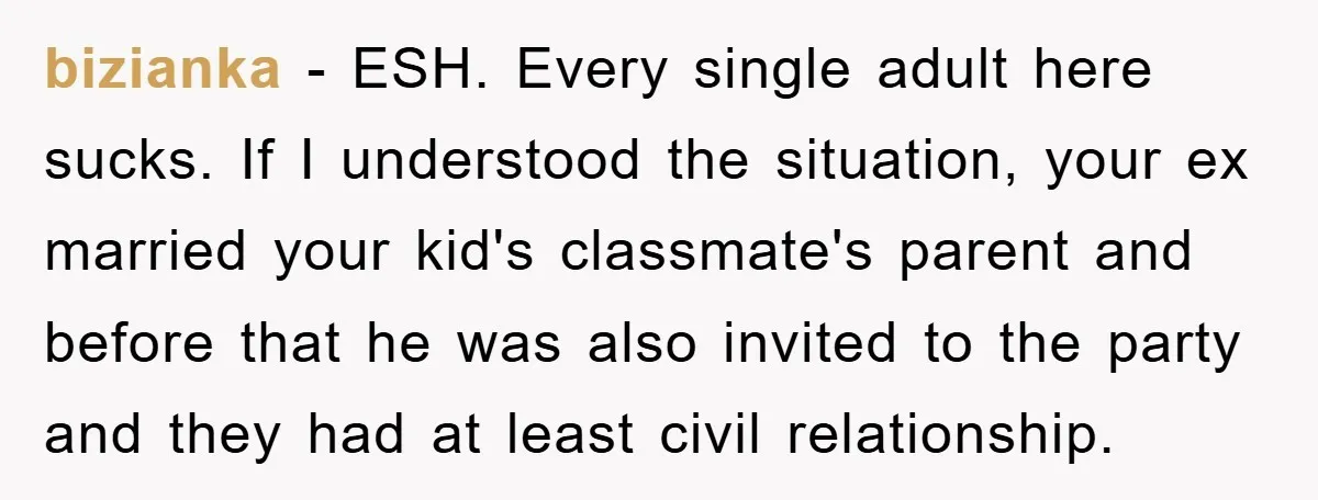bizianka − ESH. Every single adult here sucks. If I understood the situation, your ex married your kid's classmate's parent and before that he was also invited to the party...