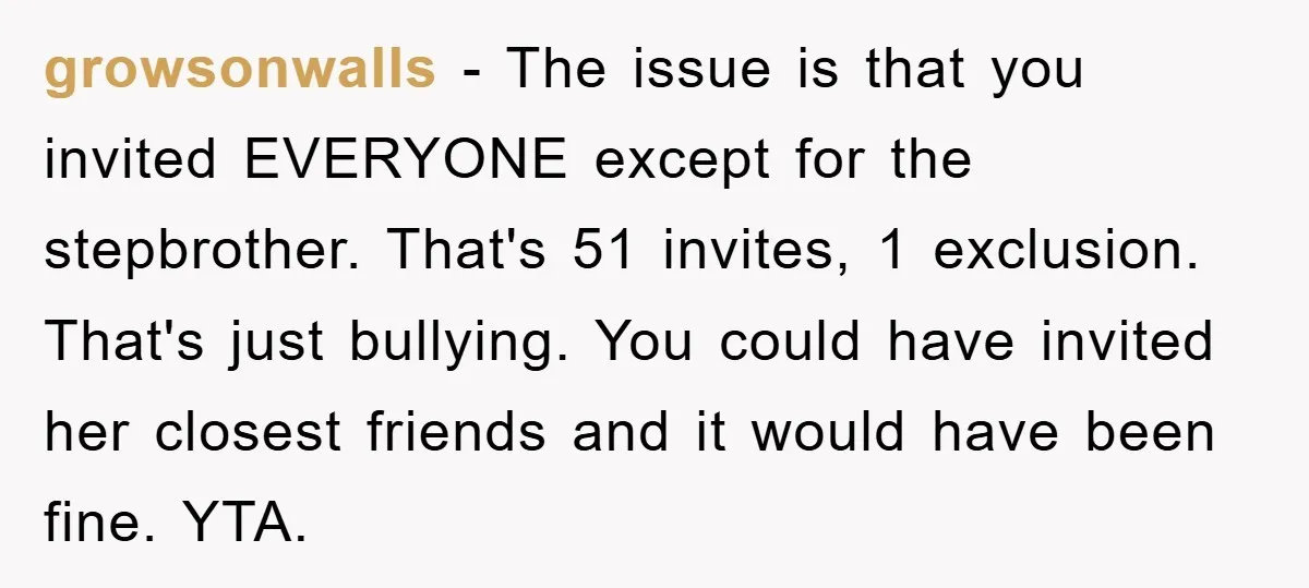 growsonwalls − The issue is that you invited EVERYONE except for the stepbrother. That's 51 invites, 1 exclusion. That's just bullying. You could have invited her closest friends and it...