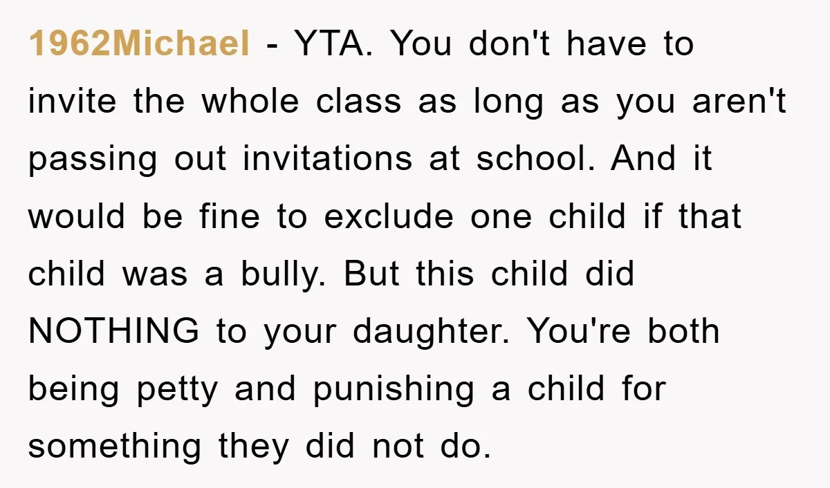 1962Michael − YTA. You don't have to invite the whole class as long as you aren't passing out invitations at school. And it would be fine to exclude one child...