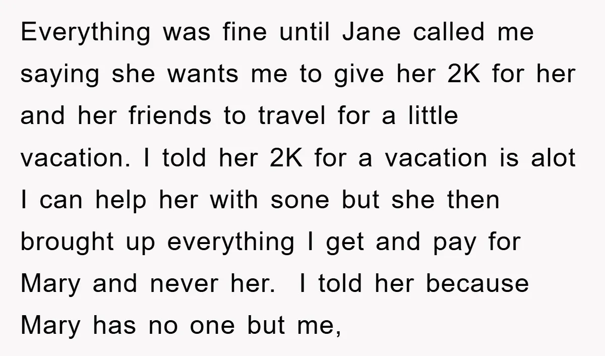 Everything was fine until Jane called me saying she wants me to give her 2K for her and her friends to travel for a little vacation. I told her 2K...
