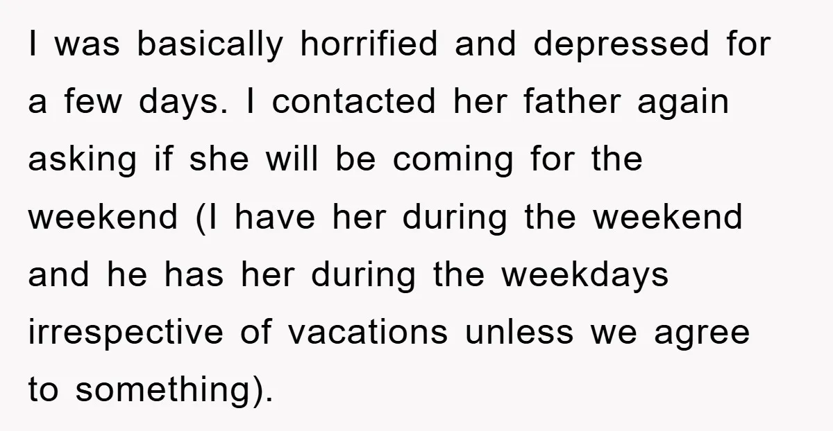 I was basically horrified and depressed for a few days. I contacted her father again asking if she will be coming for the weekend (I have her during the weekend...