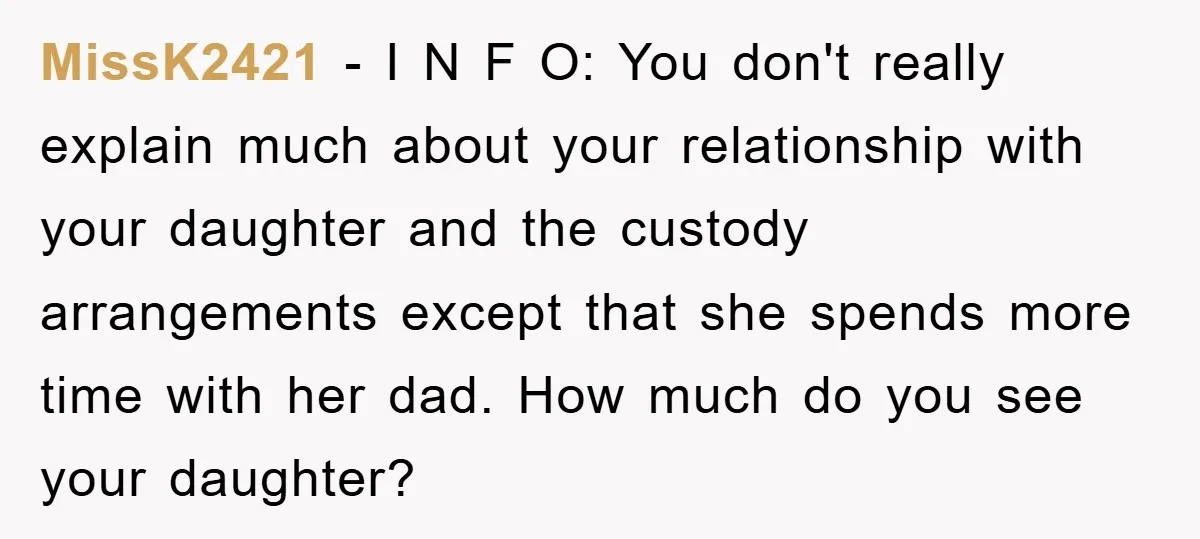 MissK2421 − I N F O: You don't really explain much about your relationship with your daughter and the custody arrangements except that she spends more time with her dad....