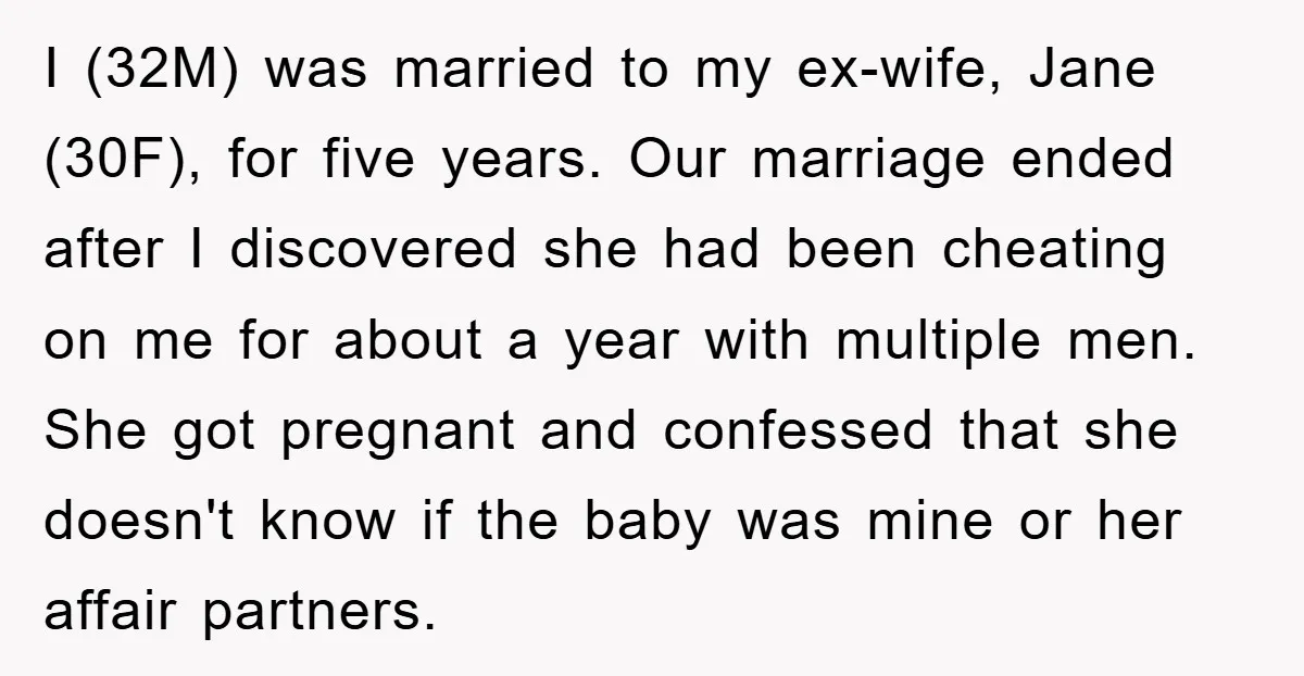 I (32M) was married to my ex-wife, Jane (30F), for five years. Our marriage ended after I discovered she had been cheating on me for about a year with multiple...