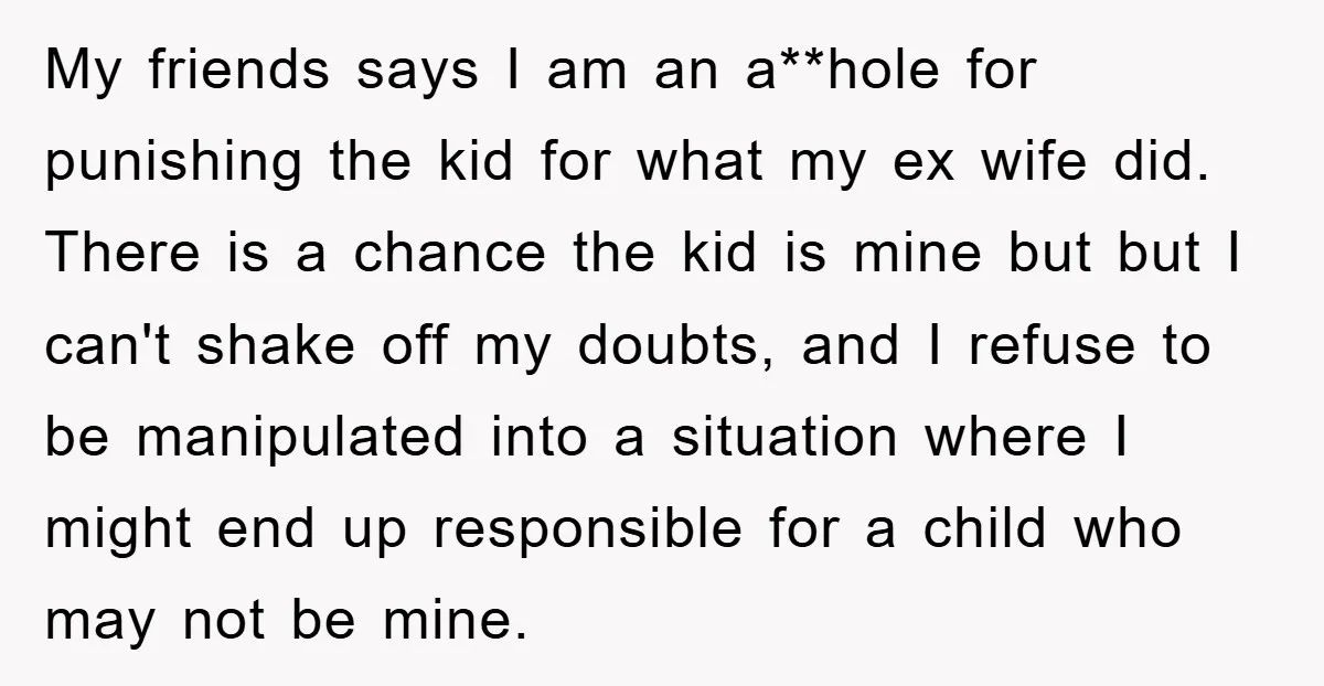 My friends says I am an a**hole for punishing the kid for what my ex wife did. There is a chance the kid is mine but but I can't shake...