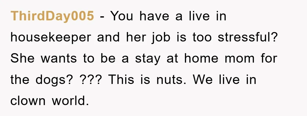 ThirdDay005 − You have a live in housekeeper and her job is too stressful? She wants to be a stay at home mom for the dogs? ??? This is nuts....