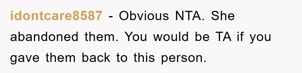 idontcare8587 − Obvious NTA. She abandoned them. You would be TA if you gave them back to this person.
