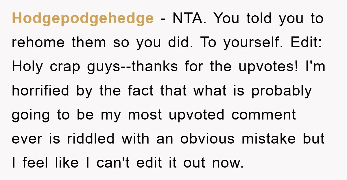 Hodgepodgehedge − NTA. You told you to rehome them so you did. To yourself. Edit: Holy crap guys--thanks for the upvotes! I'm horrified by the fact that what is probably...