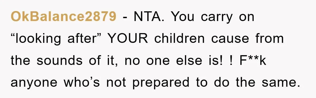 OkBalance2879 − NTA. You carry on “looking after” YOUR children cause from the sounds of it, no one else is! ! F**k anyone who’s not prepared to do the same.
