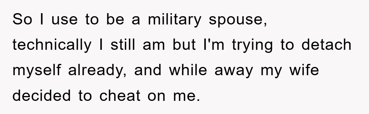So I use to be a military spouse, technically I still am but I'm trying to detach myself already, and while away my wife decided to cheat on me.