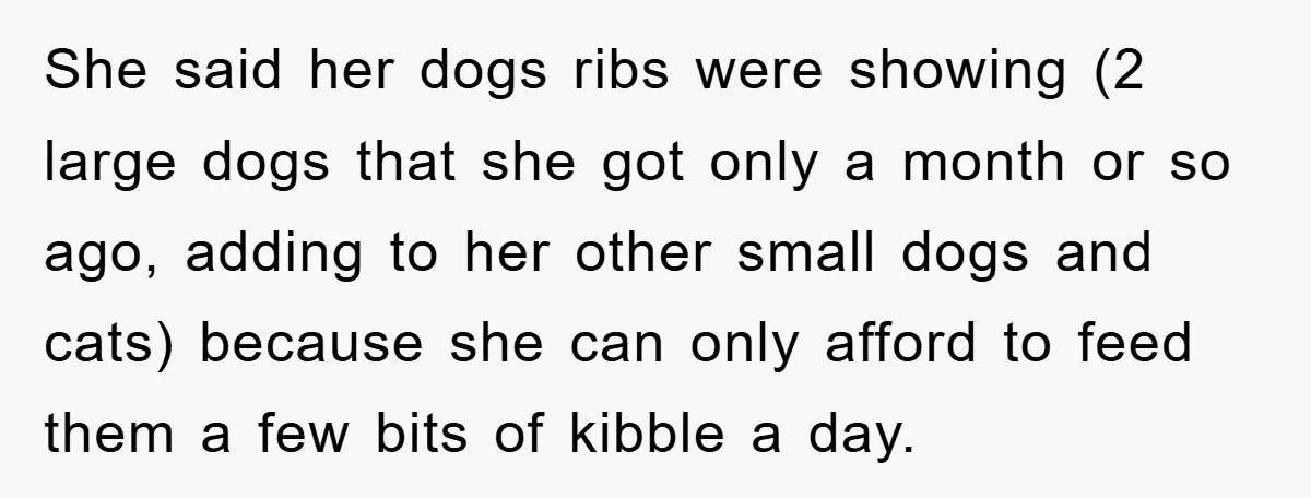 She said her dogs ribs were showing (2 large dogs that she got only a month or so ago, adding to her other small dogs and cats) because she can...