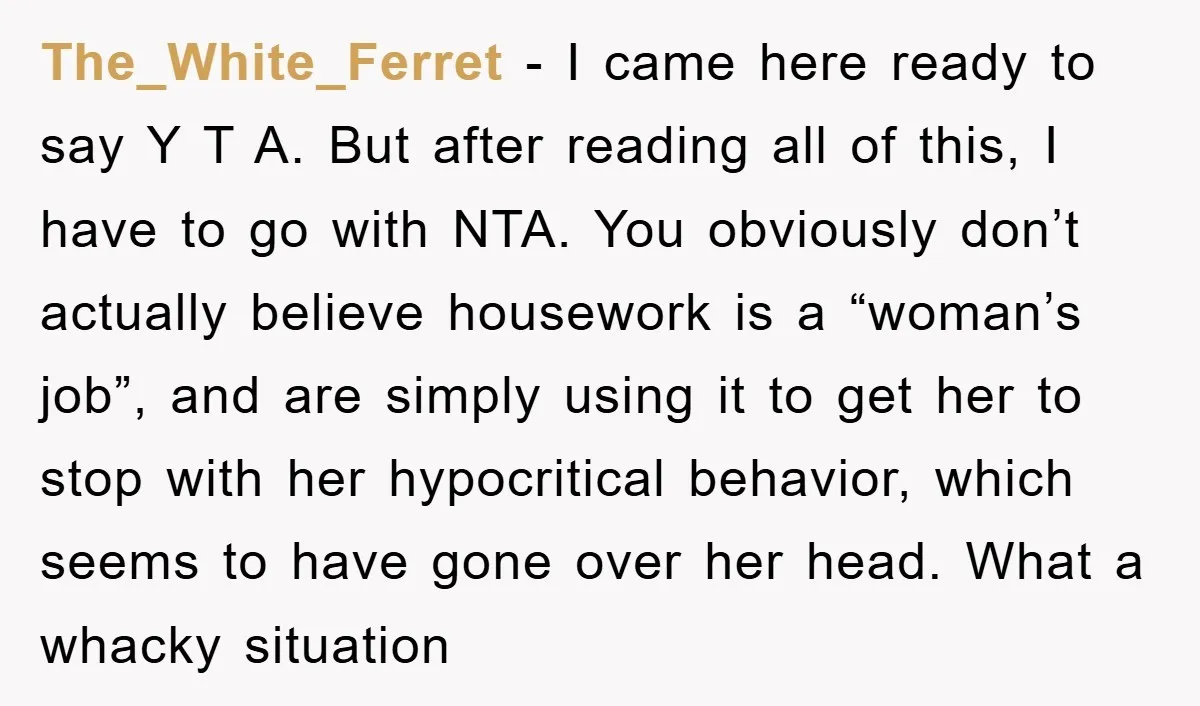 The_White_Ferret − I came here ready to say Y T A. But after reading all of this, I have to go with NTA. You obviously don’t actually believe housework is...