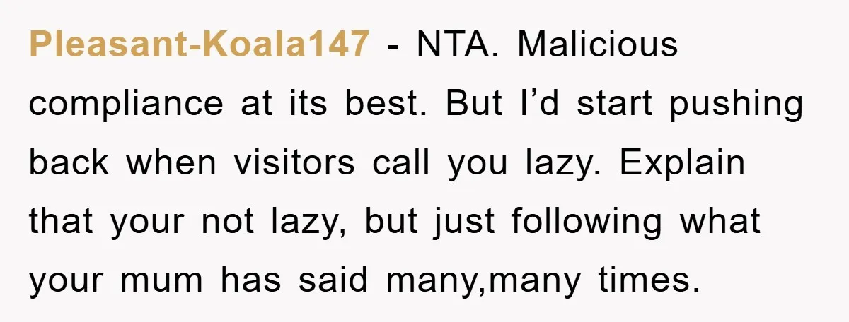 Pleasant-Koala147 − NTA. Malicious compliance at its best. But I’d start pushing back when visitors call you lazy. Explain that your not lazy, but just following what your mum has...