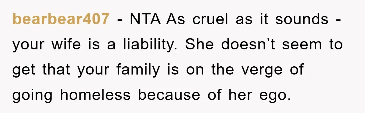bearbear407 - NTA As cruel as it sounds - your wife is a liability. She doesn’t seem to get that your family is on the verge of going homeless because...
