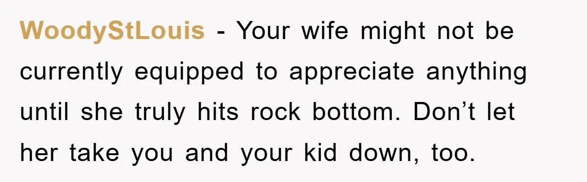 WoodyStLouis - Your wife might not be currently equipped to appreciate anything until she truly hits rock bottom. Don’t let her take you and your kid down, too.