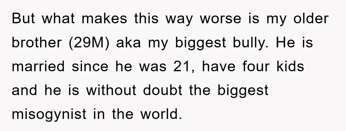 But what makes this way worse is my older brother (29M) aka my biggest bully. He is married since he was 21, have four kids and he is without doubt...