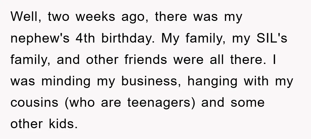 Well, two weeks ago, there was my nephew's 4th birthday. My family, my SIL's family, and other friends were all there. I was minding my business, hanging with my cousins...