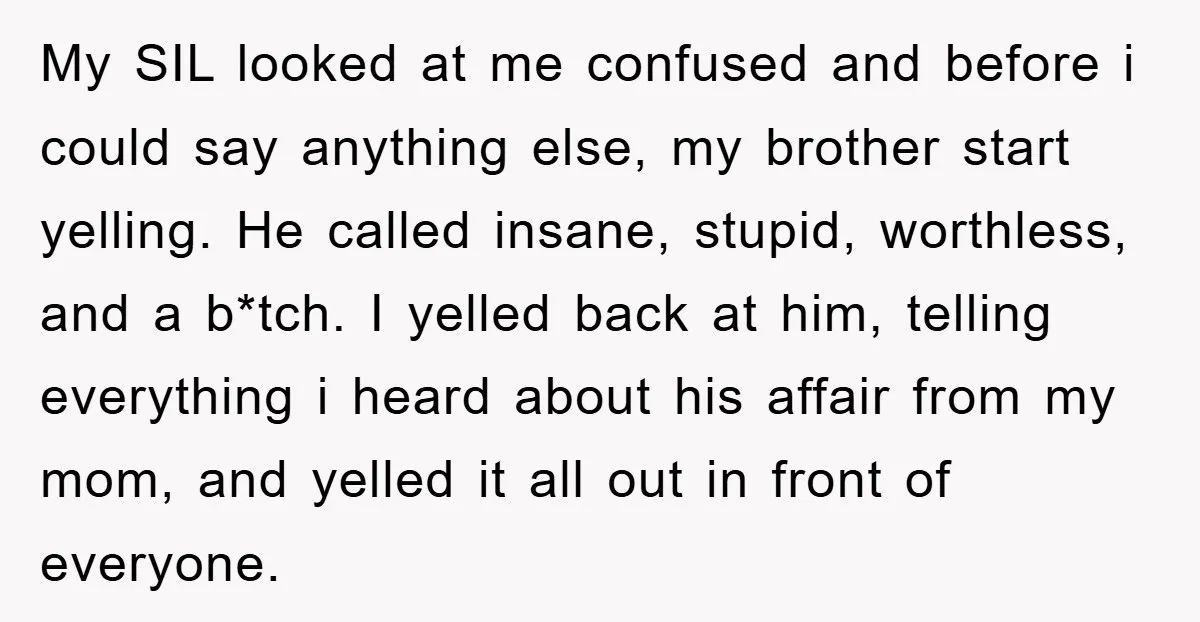 My SIL looked at me confused and before i could say anything else, my brother start yelling. He called insane, stupid, worthless, and a b*tch. I yelled back at him,...