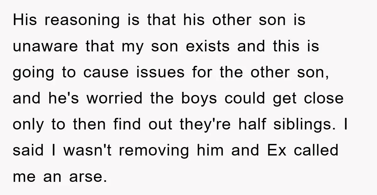 His reasoning is that his other son is unaware that my son exists and this is going to cause issues for the other son, and he's worried the boys could...
