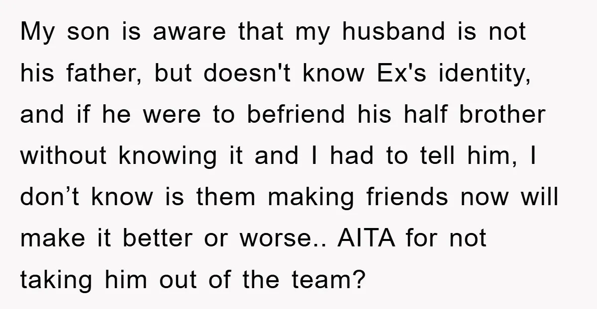 My son is aware that my husband is not his father, but doesn't know Ex's identity, and if he were to befriend his half brother without knowing it and I...