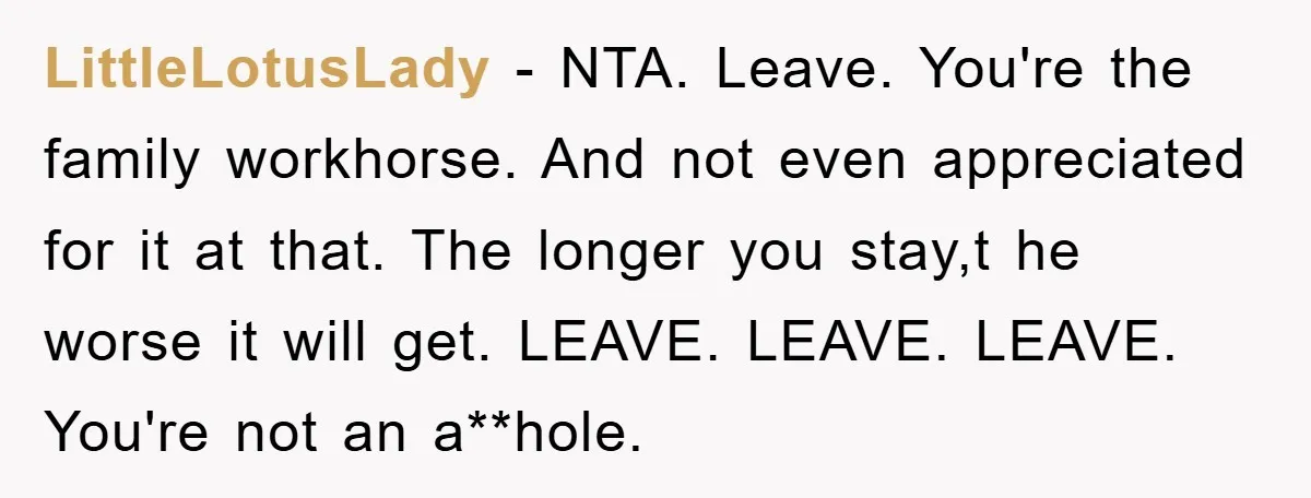 LittleLotusLady − NTA. Leave. You're the family workhorse. And not even appreciated for it at that. The longer you stay,t he worse it will get. LEAVE. LEAVE. LEAVE. You're not...