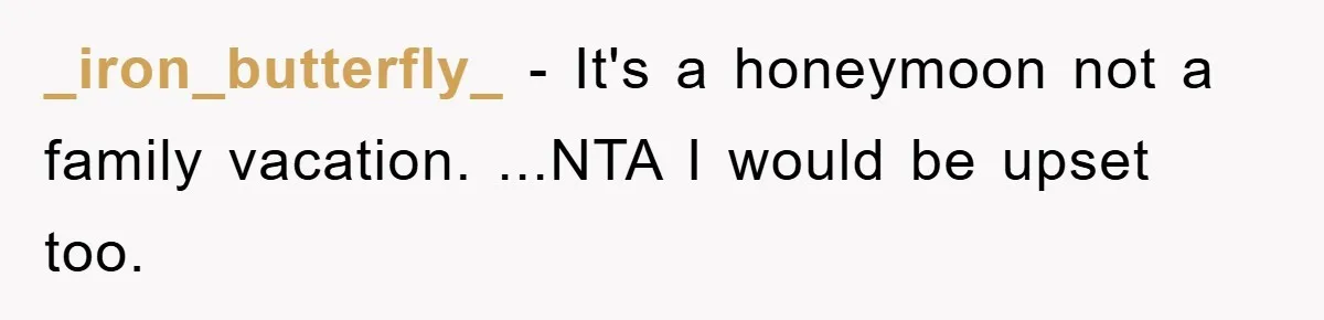 _iron_butterfly_ − It's a honeymoon not a family vacation. ...NTA I would be upset too.