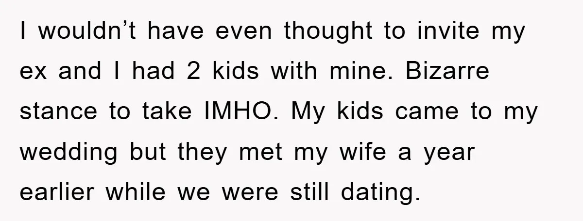 I wouldn’t have even thought to invite my ex and I had 2 kids with mine. Bizarre stance to take IMHO. My kids came to my wedding but they met...