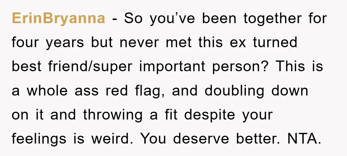 ErinBryanna - So you’ve been together for four years but never met this ex turned best friend/super important person? This is a whole ass red flag, and doubling down on...