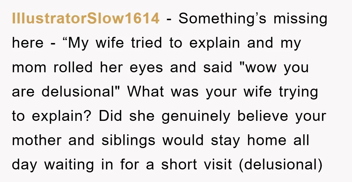 IllustratorSlow1614 − Something’s missing here - “My wife tried to explain and my mom rolled her eyes and said "wow you are delusional" What was your wife trying to explain?...