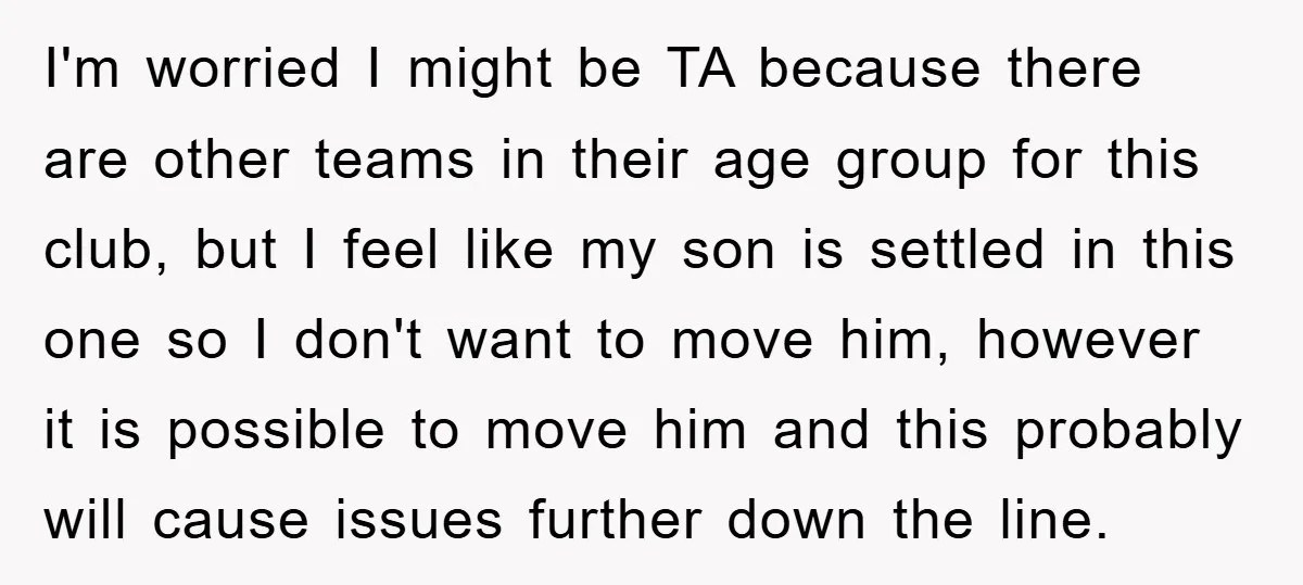 I'm worried I might be TA because there are other teams in their age group for this club, but I feel like my son is settled in this one so...