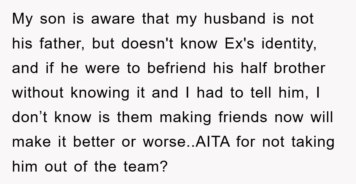 My son is aware that my husband is not his father, but doesn't know Ex's identity, and if he were to befriend his half brother without knowing it and I...
