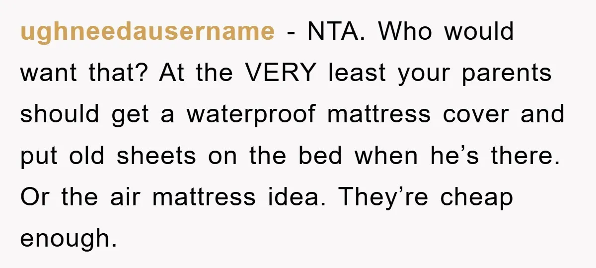 ughneedausername - NTA. Who would want that? At the VERY least your parents should get a waterproof mattress cover and put old sheets on the bed when he’s there. Or...