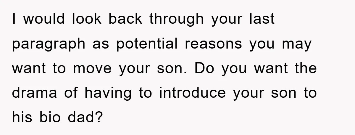 I would look back through your last paragraph as potential reasons you may want to move your son. Do you want the drama of having to introduce your son to...